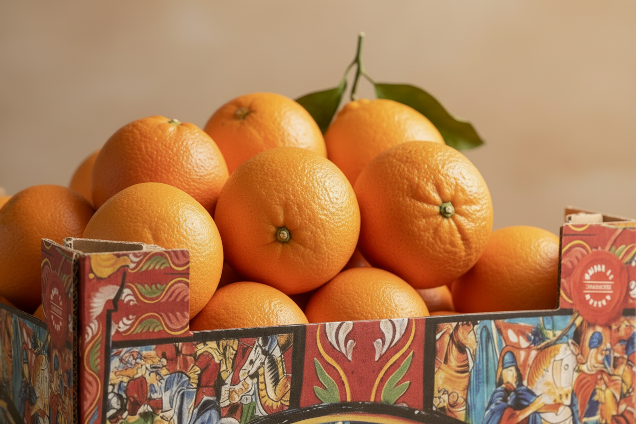 Arance Tarocco in scatola decorata - dettaglio ravvicinato