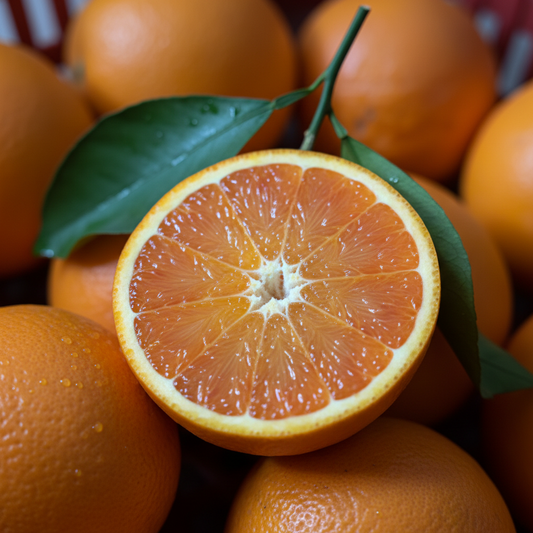 Arancia Tarocco close-up con foglie