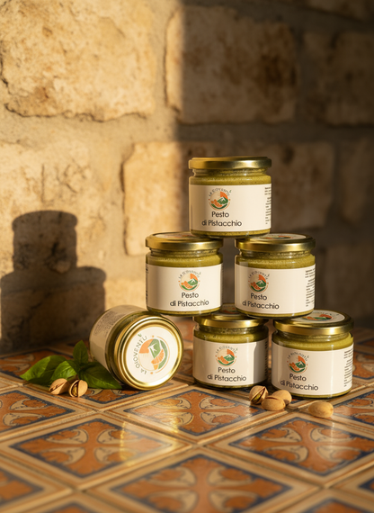 Pesto di Pistacchio con sfondo siciliano